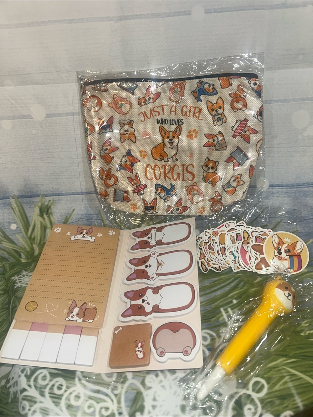 Corgi bundle - Beige Corgi Pouch with Stationery, stickers and pen.